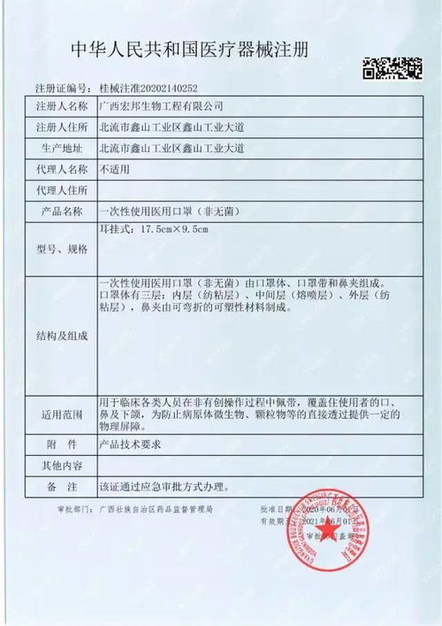 玉林市史上第二家 廣西宏邦醫用口罩項目近日已取得廣西藥監局的注冊證和生產許可證